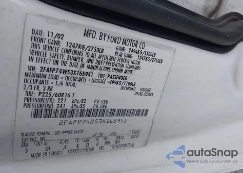 2003 Ford Crown Victoria Lx from USA, damaged, VIN 2FAFP74W53X165941